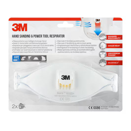3M™ Aura™ Comfort Cool Flow™ Staubmaske 9322+, FFP2, mit Ventil, 2er-Packung