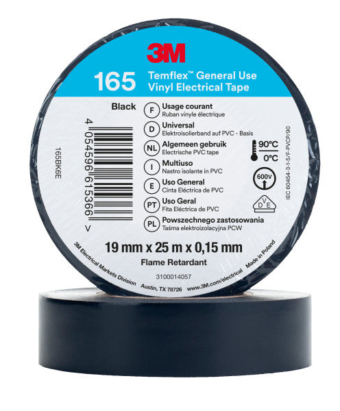 3M™ Temflex™ Vinyl Electrical Tape 165, Black, 19 mm x 25 m