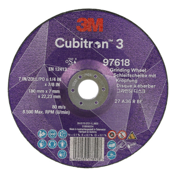 3M™ Cubitron™ 3 Grinding Disc with Reduced Arbor Hole, 97618, 36+, T27, 180 mm x 7 mm x 22.23 mm, special for grooving EN, 10/pack, 20 pcs/box