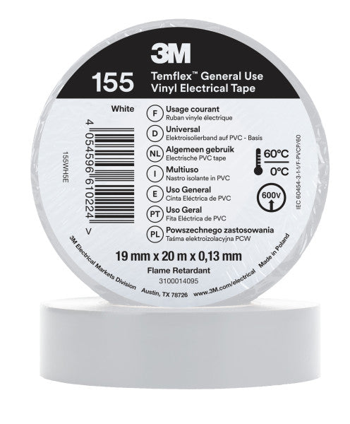 3M™ Temflex™ Vinyl isolatietape 155, Wit, 19 mm x 20 m