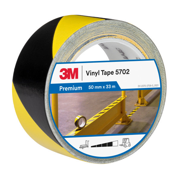 3M™ Gestreepte Veiligheidstape 5702, Zwart/Geel, 50 mm x 33 m, 0.14 mm, Individueel en handig verpakt