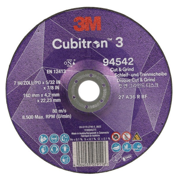 3M™ Cubitron™ 3 Cut &amp; Grind Disc, 94542, 36+, T27, 180 mm x 4.2 mm x 22.23 mm, EN, 10/pack, 20 pcs/box