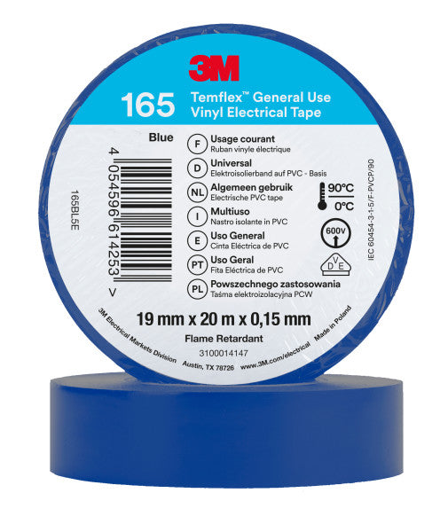 3M™ Temflex™ Vinyl Electrical Tape 165, Blue, 19 mm x 20 m