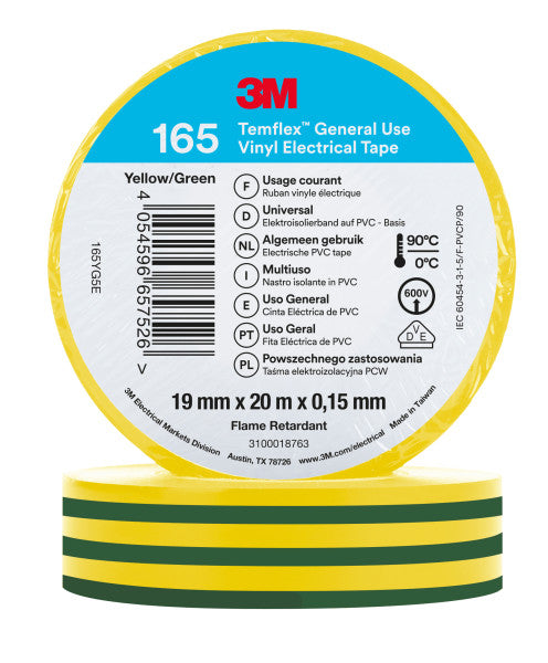 3M™ Temflex™ Vinyl Electrical Tape 165, Green/Yellow, 19 mm x 20 m