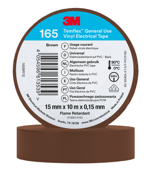 3M™ Temflex™ Vinyl Electrical Tape 165, Brown, 15 mm x 10 m