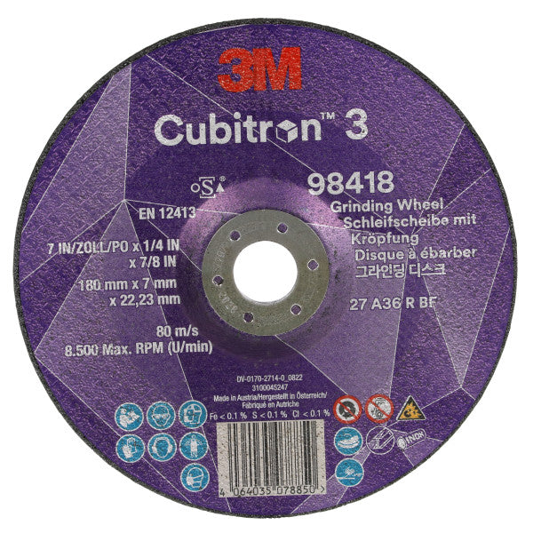 3M™ Cubitron™ 3 Grinding Disc with Reduced Arbor Hole, 98418, 36+, T27, 180 mm x 7 mm x 22.23 mm, EN, 10/pack, 20 pcs/box