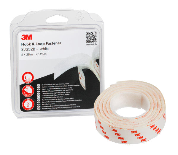3M™ Haak en Lus Klittenband SJ352B, Wit, 25 mm x 1.25 m, 4.4 mm, Blister IPC