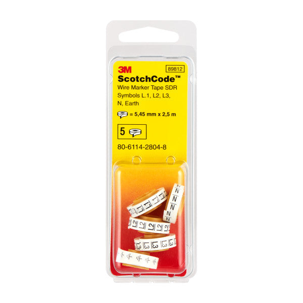 3M™ ScotchCode™ SDR-SYM Kabelmarkering Navulrollen, Symbolen "L1", "L2", "L3", "N", "GROUND", 5x Blisterverpakking