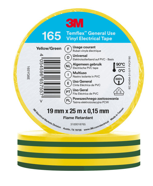 3M™ Temflex™ Vinyl Electrical Tape 165, Green/Yellow, 19 mm x 25 m