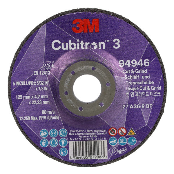 3M™ Cubitron™ 3 Cut &amp; Grind Disc, 94946, 36+, T27, 125 mm x 4.2 mm x 22.23 mm, EN, 10/pack, 20 pcs/box