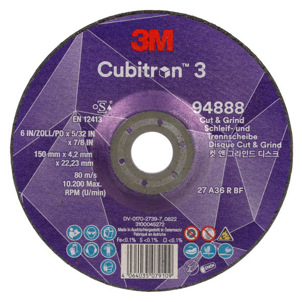 3M™ Cubitron™ 3 Cut &amp; Grind Disc, 94888, 36+, T27, 150 mm x 4.2 mm x 22.23 mm, EN, 10/pack, 20 pcs/box