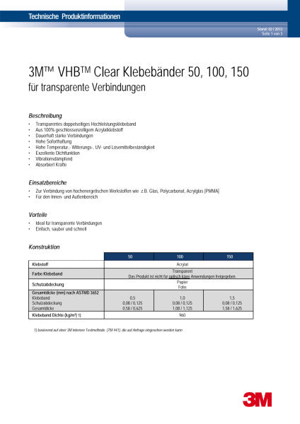 3M™ VHB™ Tape 100F, Helder, 1210 mm x 33 m