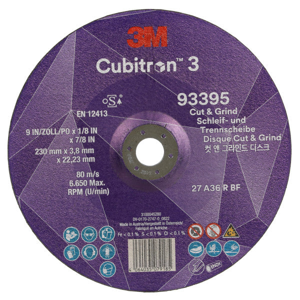 3M™ Cubitron™ 3 Cut &amp; Grind Disc, 93395, 36+, T27, 230 mm x 3.8 mm x 22.23 mm, EN, 10/pack, 20 pcs/box