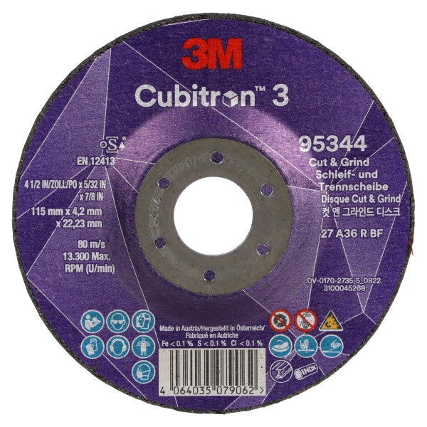 3M™ Cubitron™ 3 Cut &amp; Grind Disc, 95344, 36+, T27, 115 mm x 4.2 mm x 22.23 mm, EN, 10/pack, 20 pcs/box