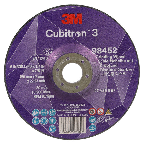 3M™ Cubitron™ 3 Grinding Disc with Reduced Arbor Hole, 98452, 36+, T27, 150 mm x 7 mm x 22.23 mm, EN, ...