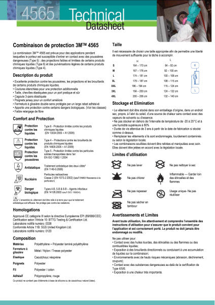 3M™ Beschermende overall 4565, wit + rood, type 4/5/6, 2XL