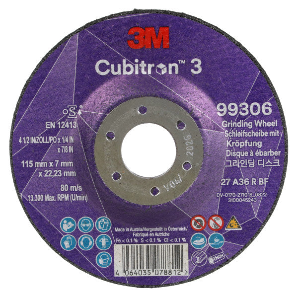 3M™ Cubitron™ 3 Afbraamschijf met verlaagd asgat, 99306, 36+, T27, 115 mm x 7 mm x 22,23 mm, EN, 10/verpakking, 20 stuks/doos