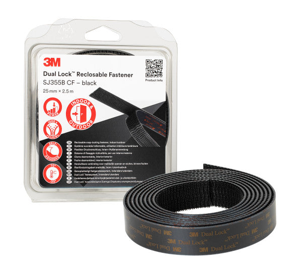 3M™ Dual Lock™ Hersluitbare Klikband SJ3550, Zwart, 25 mm x 2.5 m, 5.7 mm, 40 kopjes/cm², Blister