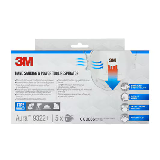3M™ Aura™ Comfort Cool Flow™ Staubmaske 9322+, FFP2, mit Ventil, 5 Stück/Packung