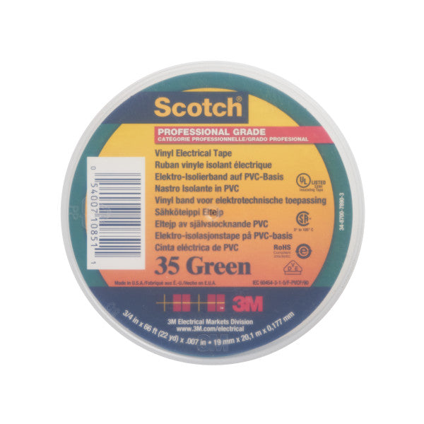 Scotch® 35 Vinyl Electrical Insulation Tape, Green, 19 mm x 20 m, 0.18 mm