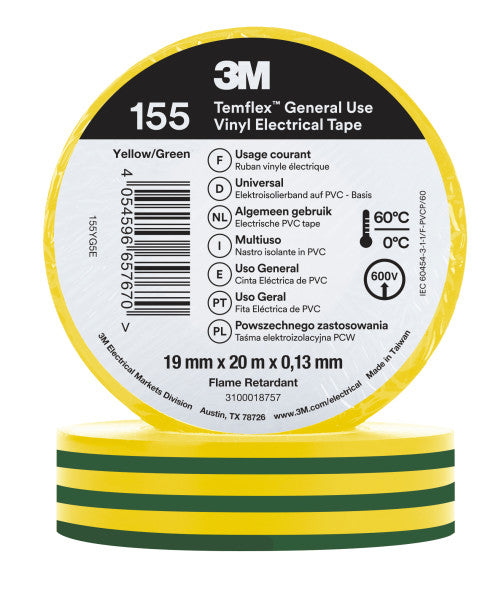 3M™ Temflex™ Vinyl Electrical Tape 155, Green/Yellow, 19 mm x 20 m