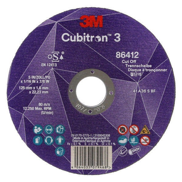 3M™ Cubitron™ 3 Cut-off Wheel, 87378, 36+, T42, 230 mm x 2.5 mm x 22.23 mm, EN, 25/pack, 50 pcs/box
