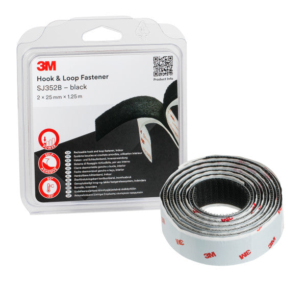 3M™ Haak en Lus Klittenband SJ352B, Zwart, 25 mm x 1.25 m, 4.4 mm, Blister IPC