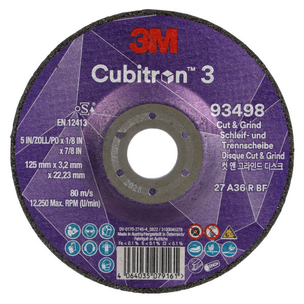 3M™ Cubitron™ 3 Cut &amp; Grind Disc, 93498, 36+, T27, 125 mm x 3.2 mm x 22.23 mm, EN, 10/pack, 20 pcs/box