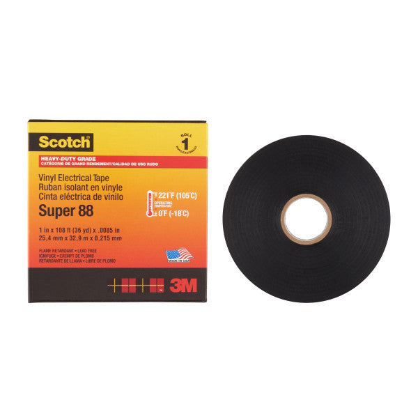 Scotch® Super 88 Vinyl Electrical Insulation Tape, Black, 25 mm x 33 m, 0.22 mm