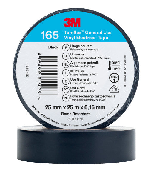 3M™ Temflex™ Vinyl isolatietape 165, Zwart, 25 mm x 25 m