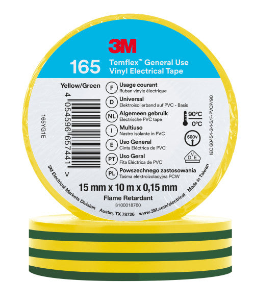 3M™ Temflex™ Vinyl isolatietape 165, Groen/Geel, 15 mm x 10 m