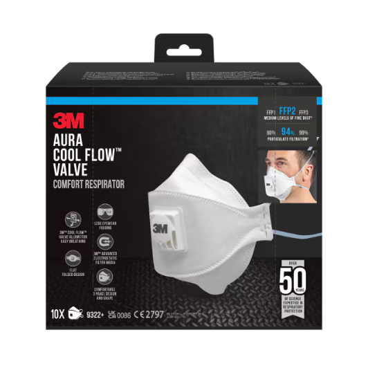 3M™ Aura™ Comfort Cool Flow™ Dust Mask 9322+, FFP2, with valve, 10/pack