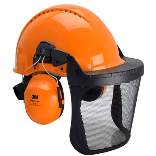 3M™ Bosbouwcombinatie, G3000 oranje veiligheidshelm, H31 gehoorkappen, FH1 houder en 5J gaas gelaatsscherm, G3000MOR31FH15J FPA