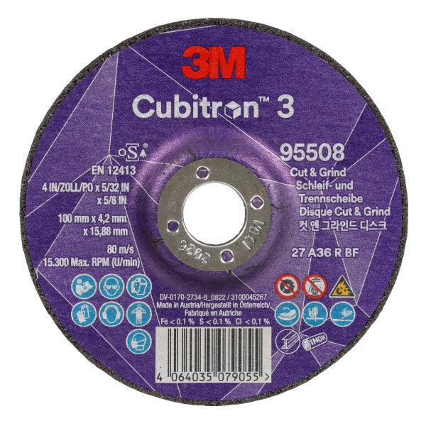3M™ Cubitron™ 3 Cut &amp; Grind Disc, 95508, 36+, T27, 100 mm x 4.2 mm x 15.88 mm, EN, 10/pack, 20 pcs/box