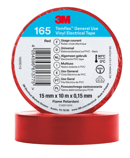 3M™ Temflex™ Vinyl Electrical Tape 165, Red, 15 mm x 10 m