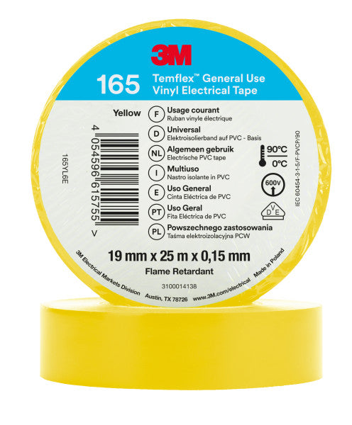 3M™ Temflex™ Vinyl Electrical Tape 165, Yellow, 19 mm x 25 m