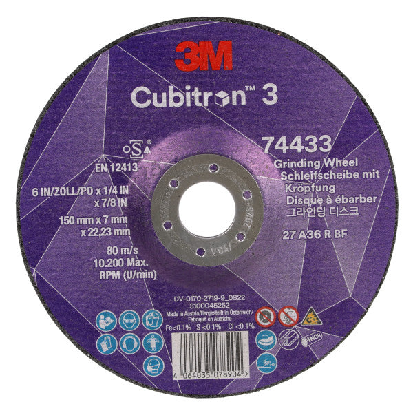 3M™ Cubitron™ 3 Grinding Disc with Reduced Arbor Hole, 74433, 36+, T27, 150 mm x 7 mm x 22.23 mm, special for grooving EN, 10/pack, 20 pcs/box