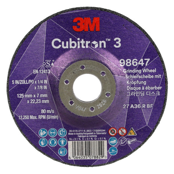 3M™ Cubitron™ 3 Grinding Disc with Reduced Arbor Hole, 98647, 36+, T27, 125 mm x 7 mm x 22.23 mm, EN, 10/pack, 20 pcs/box
