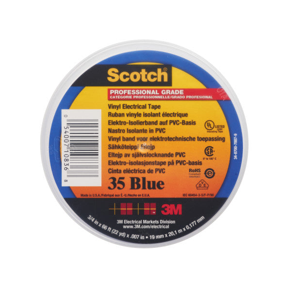 Scotch® 35 Vinyl Electrical Insulation Tape, Blue, 19 mm x 20 m, 0.18 mm