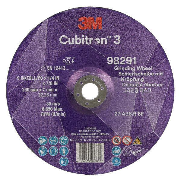 3M™ Cubitron™ 3 Grinding Disc with Reduced Hole, 98291, 36+, T27, 230 mm x 7 mm x 22.23 mm, EN, 10/pack, 20 pcs/box