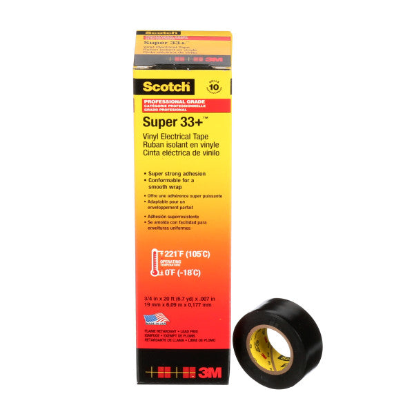 Scotch® Super 33+ Vinyl Electrical Insulation Tape, Black, 19 mm x 6 m, 0.18 mm