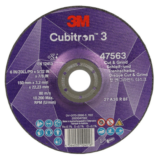 3M™ Cubitron™ 3 Cut & Grind-schijf, 47563, 36+, T27, 150 mm x 3,2 mm x 22,23 mm, EN, 10/verpakking, 20 stuks/doos