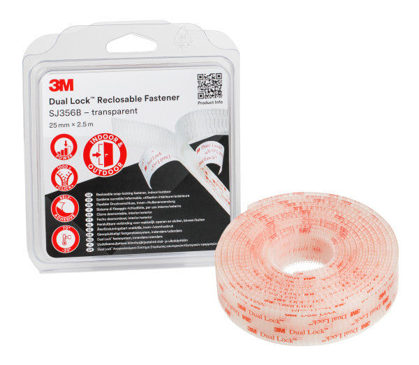 3M™ Dual Lock™ Hersluitbaar Klikband SJ3560, Transparant, 25 mm x 2.5 m, 5.7 mm, 40 kopjes/cm², Dispenserdoos